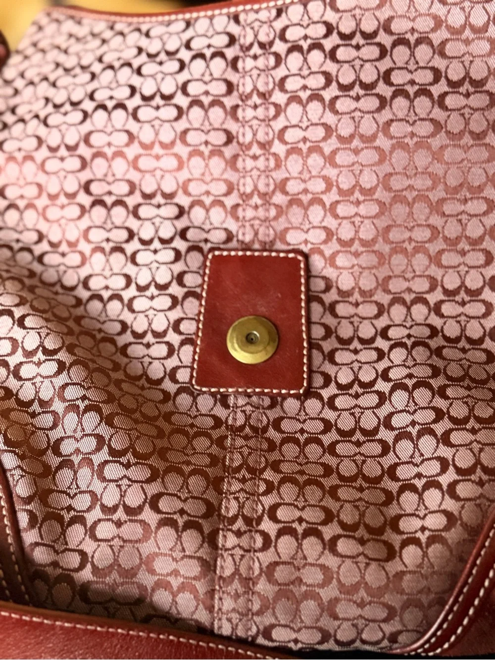 Coach Burgundy Signature Monogram Crossbody Bag with Red Leather Trim